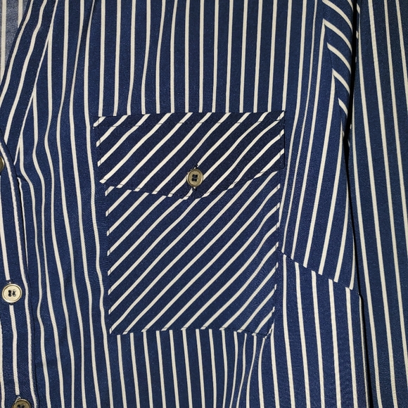 Notations Woman Roll Tab Sleeve Striped Button Down, Size: 1X, Navy & White - Picture 3 of 12
